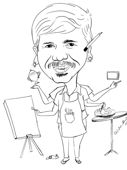 The foundational line art for a multi-talented artist, depicted as a multi-armed deity of creativity. This sketch lays out all the elements that represent his skills in painting, sculpting, and digital art.