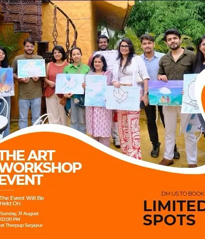 This promotional graphic for our art workshop highlights the limited spots available. These one-of-a-kind experiences in Bangalore fill up fast!