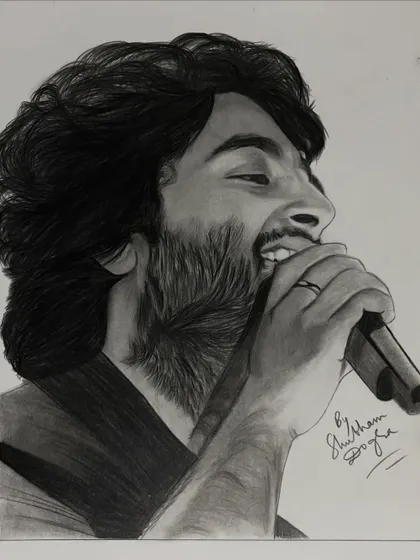 A pencil sketch of actor Vijay Deverakonda in a candid, expressive moment. This drawing captures the raw energy he is known for.
