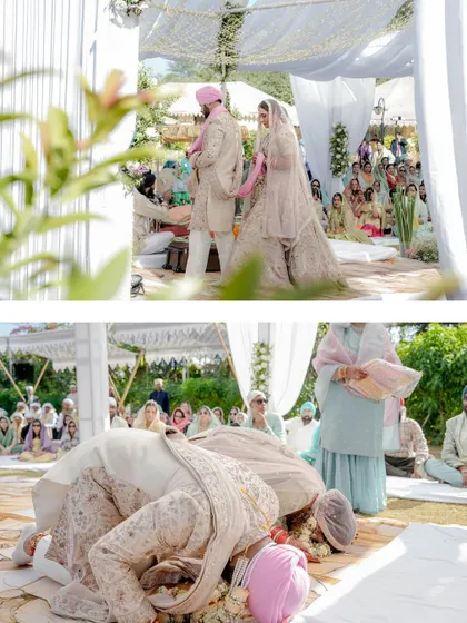 The couple bowing in a moment of prayer and respect during their Anand Karaj ceremony. We document these cultural rituals with a deep understanding of their significance.