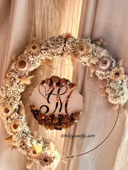 A new product launch: the hanging logo wreath. This piece combines a preserved wedding garland with a couple's logo on a beautiful floral hoop, creating a unique piece of wall decor.