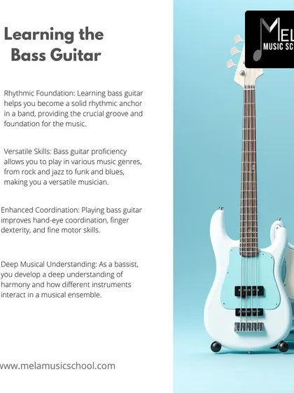 This graphic highlights the benefits of learning bass guitar, including building a rhythmic foundation, developing versatile skills, and enhancing coordination.