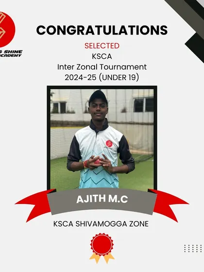 Congratulations to our 17-year-old right arm leg spinner, Ajith MC, on his selection for the KSCA Under 19 Zonals representing Shivamogga Zone.