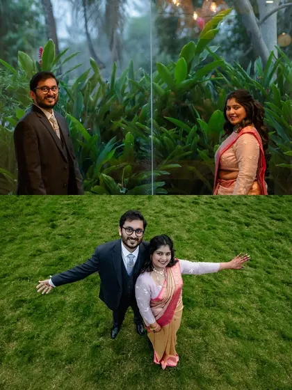 A fun and creative collage of a couple's portraits, using reflections and high-angle shots to create a unique and playful perspective.