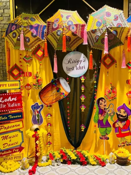 The full view of the Lohri decor setup. It’s a vibrant mix of colors, textures, and traditional motifs that creates a fantastic celebratory atmosphere.