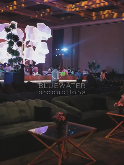 A 60-foot lounge area for a Sangeet, with long, comfortable sofas providing plenty of space for guests to relax and watch the performances.