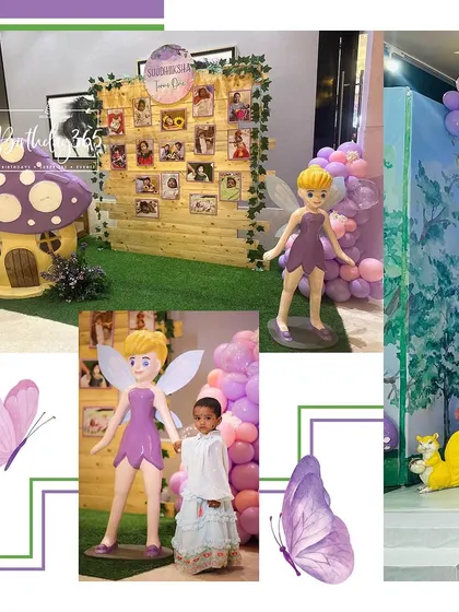 A collage from a purple fairy-themed party, showing the photo memory wall, a child posing with a fairy statue, and the whimsical mushroom house prop.