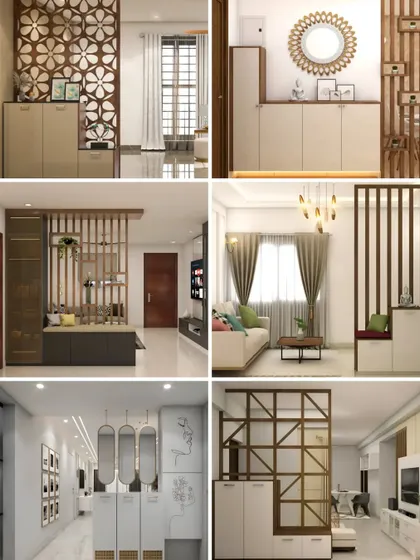 A collection of our partition and foyer designs. This shows how we use screens and storage units to define spaces and create functional, organized entryways.