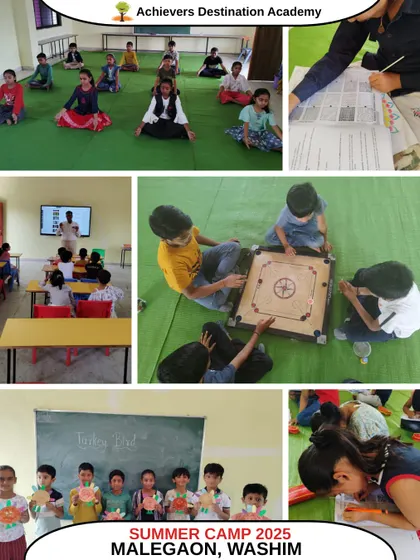 This collage from our Malegaon, Washim summer camp shows the variety of activities we offer, including yoga, board games, and classroom learning. We believe in holistic development that nurtures both mind and body.