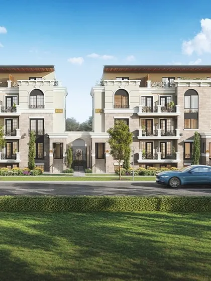 A townhouse project in Canada, rendered with bright, sunny lighting. This image shows the classical architectural style and the building's relationship to the street.