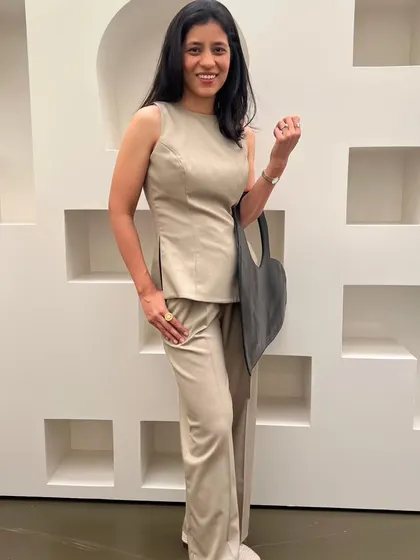A full-length shot of my beige monochrome co-ord set. The clean lines and neutral color make it a timeless and elegant choice for any professional setting.
