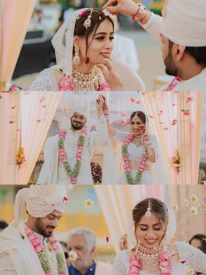 A collection of tender moments from a wedding ceremony, including the groom applying sindoor and the couple's joyful celebration.