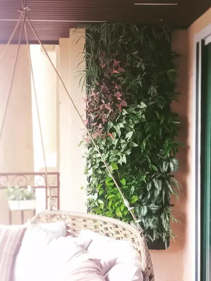 A perfect spot to relax. We installed this bio-wall on a client's balcony next to their swing, creating a private, green sanctuary that makes the space feel like a peaceful retreat.