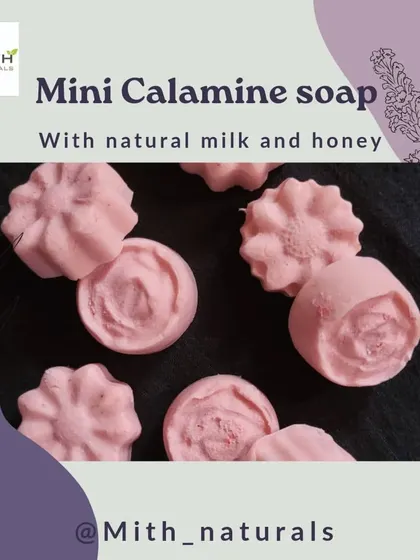 My mini Calamine soaps, made with natural milk and honey. These are great for lightening dark spots, controlling acne, and soothing itchy skin.