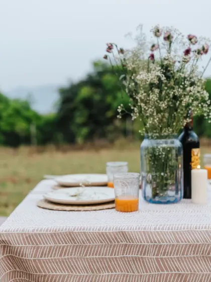 An outdoor dining setup from our 'Pause' collection shoot. The table is dressed in our herringbone-patterned tablecloth, creating a dreamy, rustic setting perfect for an al fresco meal.