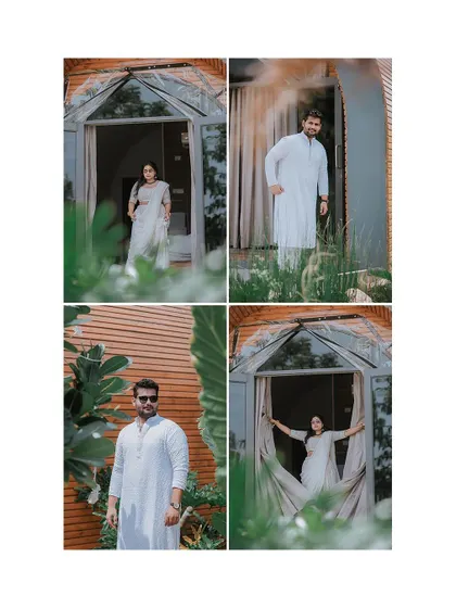 A collage of the couple's portraits from their unique, modern Haldi shoot.