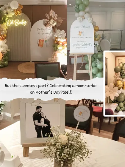 We celebrated a mom-to-be on Mother's Day itself with this special "Something Sweet is Brewing" baby shower. The setup included a custom photo centerpiece and personalized props for the guests.