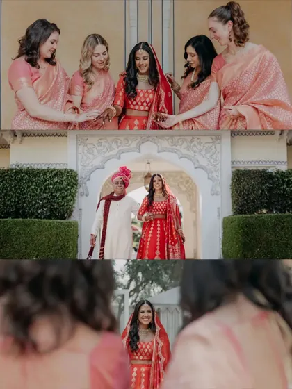 A collage showing the bride's entry with her father and her moments with the bridesmaids. It beautifully captures the support system surrounding the bride on her big day.