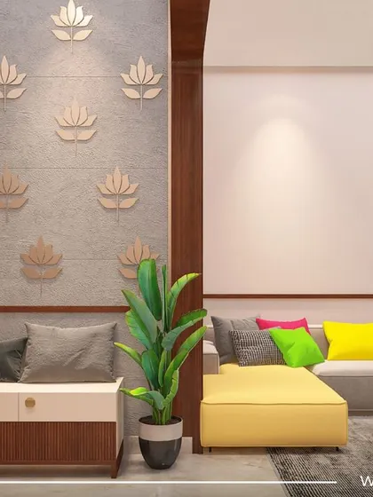 This view highlights the entryway and living room of the 'Sobha Daisy' project, featuring a console table with lotus-themed wall decor, blending traditional motifs with modern furniture.
