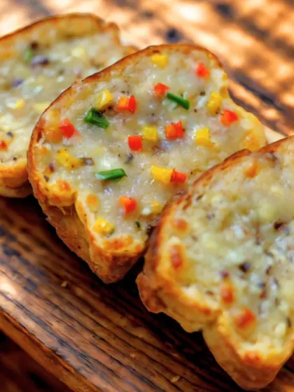 Freshly made garlic bread topped with cheese and finely chopped bell peppers. It is a perfect, crispy appetizer or a side dish for an Italian themed menu.