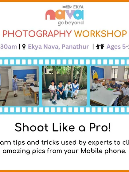 "Shoot Like a Pro!" This poster for my mobile photography workshop invites kids to learn the tips and tricks used by experts to click amazing pictures with just a mobile phone.