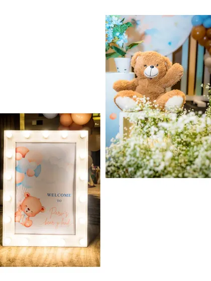 A collage showing the light-up 'Bear-y Land' welcome sign and a cute teddy bear prop sitting in a bed of baby's breath.