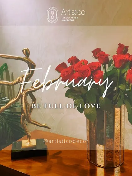 February, be full of love. This corner is styled with a modern dancing sculpture and a vase of red roses, setting a romantic mood for the month of love.
