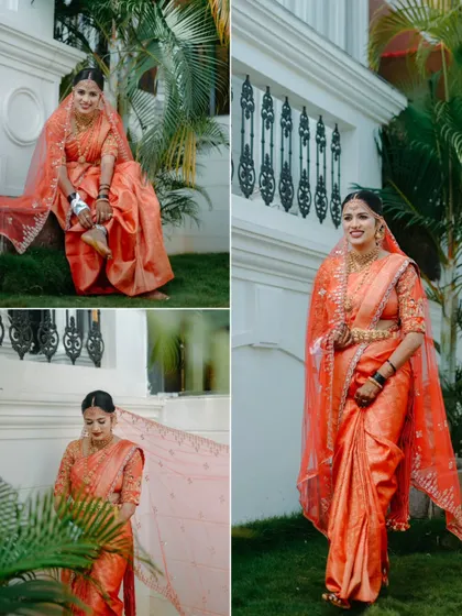 A collage of stunning bridal portraits in a beautiful orange saree, showcasing different poses in a lovely garden setting.