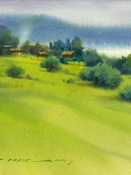 A small watercolour sketch of a rural landscape. The fresh green of the fields and the distant hills create a sense of peace and tranquility.