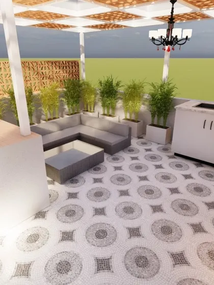 This 3D design visualizes a bright and airy terrace with a pergola, comfortable seating, and an outdoor sink area, all set on stylish patterned flooring.