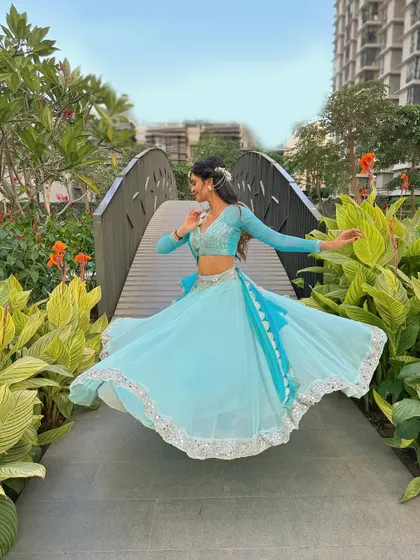 The swirl of a lehenga is one of the most beautiful parts of semiclassical dance. It adds a visual flourish to every turn and movement.