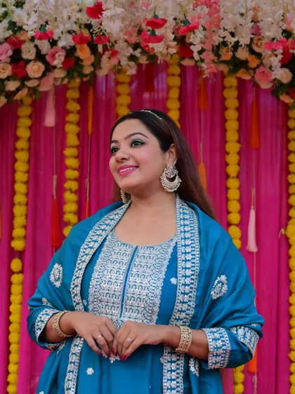A smiling close-up in my favorite turquoise outfit. The large chandbali earrings complete this traditional yet contemporary look.