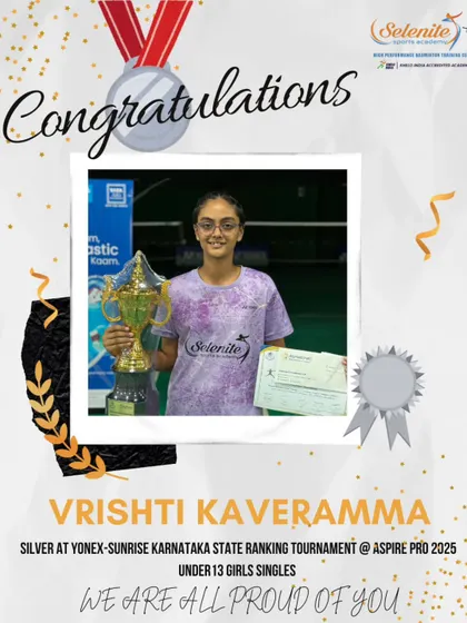 Vrishti Kaveramma shines with a Silver medal in the Under 13 Girls Singles at the Karnataka State Ranking Tournament.
