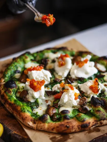 Adding the final toppings to a Mushroom and Burrata pizza. Dollops of creamy burrata and sweet tomato gojju are placed carefully on top after baking to preserve their fresh texture and flavor.