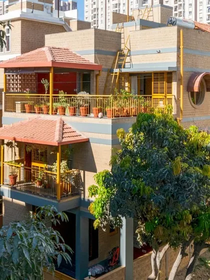 An elevated view of the house, showing how the different levels and rooflines interact.
