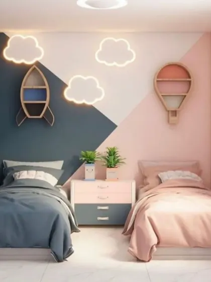 A fun and creative shared room design using a color-blocking technique to define each child's space. The rocket and hot air balloon shaped shelves add a playful, thematic touch.