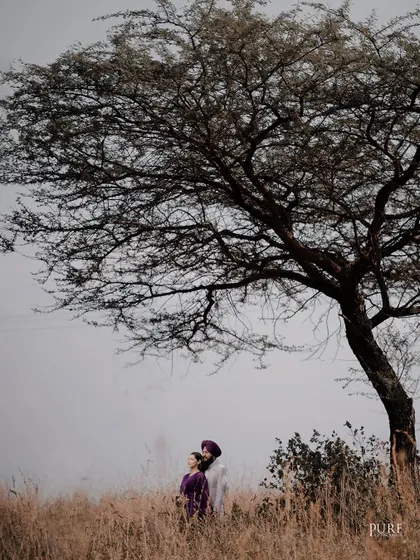 A wide shot showing the couple standing under a large, dramatic tree. This minimalist composition creates a powerful and artistic pre-wedding portrait.
