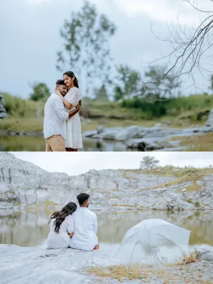 A two-part collage showing a couple at a quarry. The top image is an intimate embrace, while the bottom shows them sitting by the water, creating a sense of peace and togetherness.