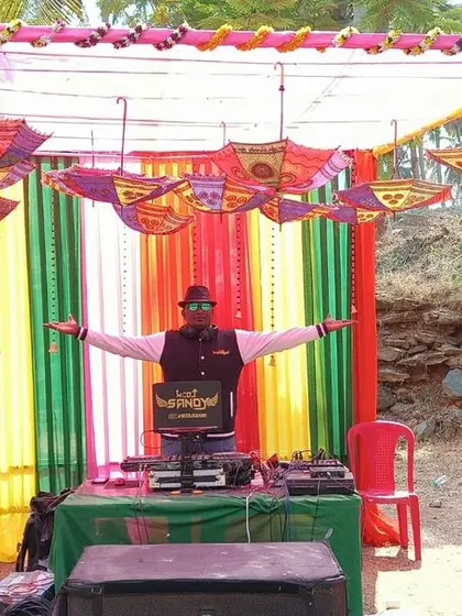 My setup for the Giva Holi party, with colorful decor and professional speakers.