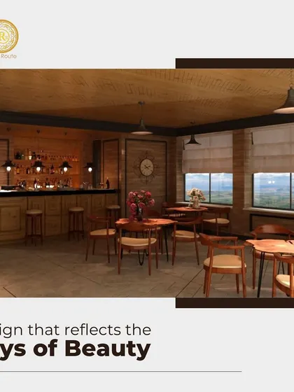 Another angle of this beautiful, rustic-inspired cafe or restaurant space, highlighting the warm wooden tones and cozy seating arrangements.