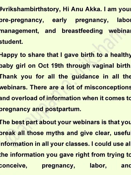 This student attended all my webinars and had a confident vaginal birth. She says the best part is that I break myths and give clear, useful information for every stage.