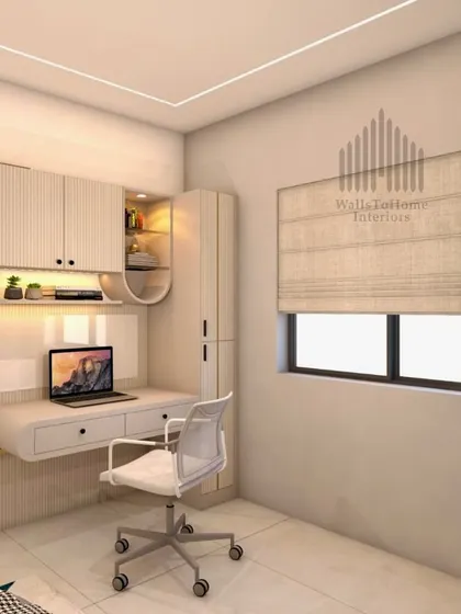 A render of a compact and functional study area within a bedroom, featuring a floating desk, overhead cabinets, and accent lighting.