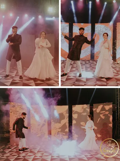 A sequence of the couple's choreographed dance, showcasing their moves and the stage effects.