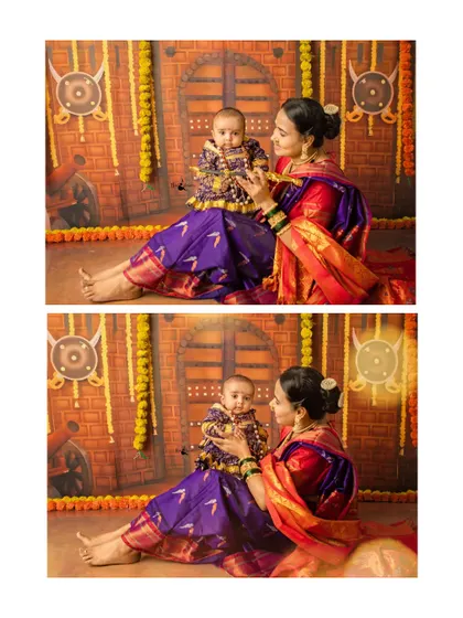 A collage showing the loving interaction between a mother and her baby during the Shivaji Maharaj themed photoshoot.