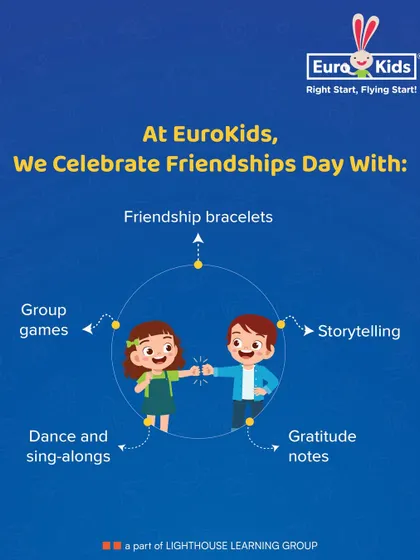 How do we celebrate Friendship Day? This infographic shows our multi-faceted approach, which includes making friendship bracelets, storytelling, group games, sing-alongs, and writing gratitude notes.