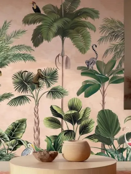 A playful and stylish jungle scene with monkeys and lemurs on a soft pink background, perfect for a chic living room or nursery.
