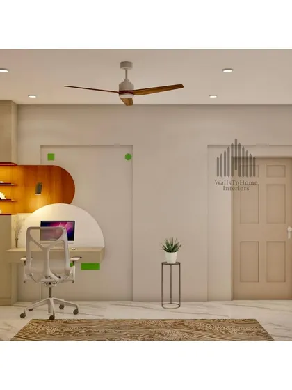 This render highlights a creative study nook integrated into the bedroom design, with unique curved shelving and ample desk space.