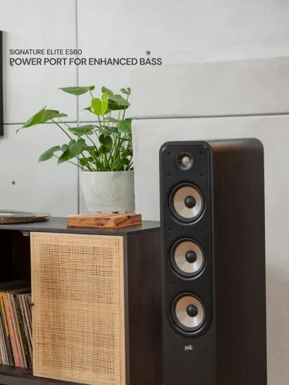 The Polk Signature Elite ES60 tower speaker features a Power Port for enhanced bass. This technology smooths airflow from the speaker to your listening area to minimize turbulence and distortion for louder, deeper, more musical bass.