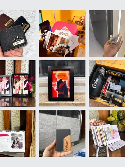 Just a glimpse of the different personalized items I can create for you. This collage shows a variety of products, including custom wallets, photo frames, and a complete gift hamper, highlighting the range of my creative services.