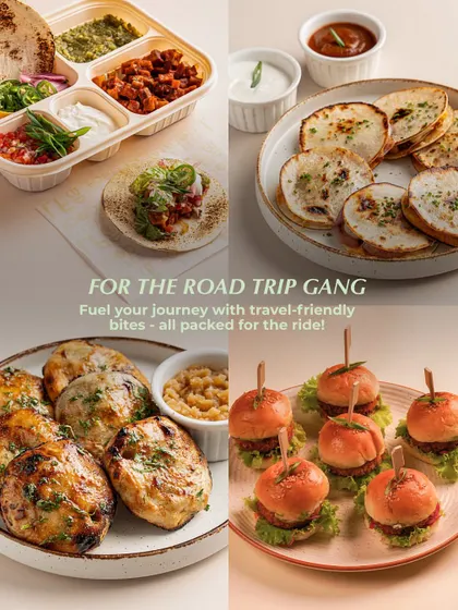 My travel friendly bites are perfect for the road trip gang. This collage shows a variety of options, including DIY tacos, mini kulchas, and sliders, all packed and ready for your long weekend journey.